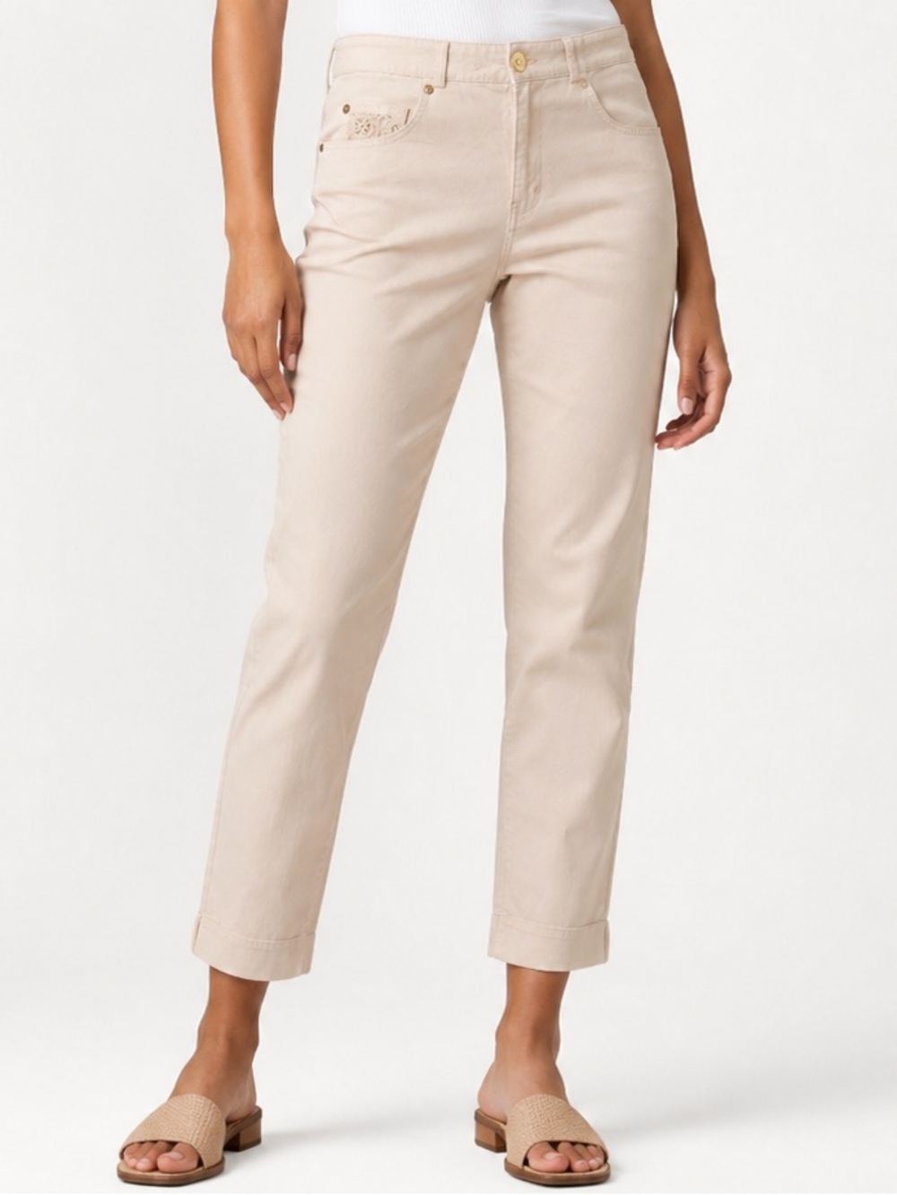 St. John Sport Beige Embroidered Lace Pocket Cropped Pants Sz 6